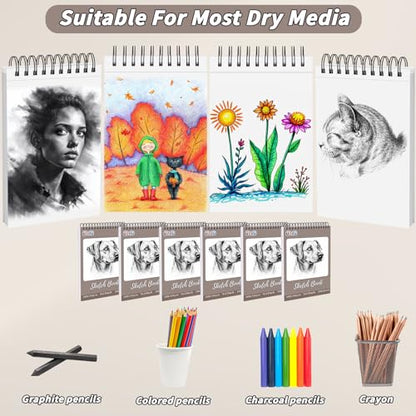 UZLU 6 Pcs Sketchbook Bulk 9 x 12 in 600 Sheets Top Spiral Bound Sketch Pad Drawing Paper 100 Sheets Each Acid Free Mixed Media Sketch Book 68lb/100gsm Art Supplies for Beginner Artist - size: 9x12in