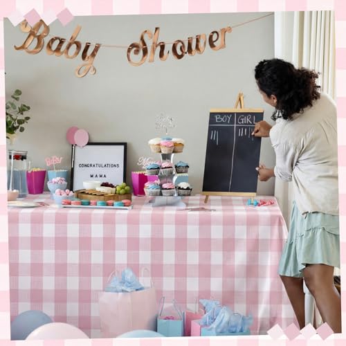 FuWeave 12 Pcs Pink and White Checkered Tablecloths Disposable Plastic Gingham Table Cloths Waterproof Rectangle Plaid Table Cover for Wedding Picnic Birthday Party Decor, 54 x 108 Inch - style: Pink plaid