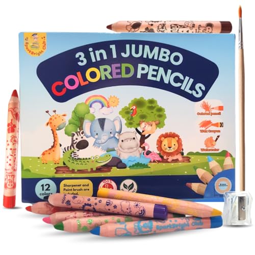Sparkbright Club Jumbo Colored Pencils for Toddlers Ages 2-4 - 3-in-1 Wooden Pencil, Crayon & Watercolor | 12 Non-Toxic Colors, Break-Resistant 8mm Core, Easy-Grip for Kids & Preschool, Pre-Sharpened