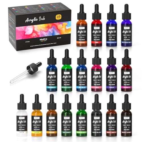Nicpro 18 Colors Acrylic Ink for Artists, 1-oz(30ml) Bottle with Dropper | Quick Dry Permanent Acrylic Drawing Inks, Essential Color Set For Ink Drawing, Pouring Art, Airbrush, Resin, Mixed Media - color: 18 Colors