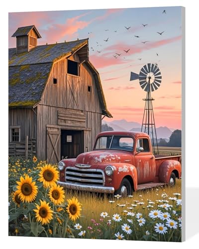 ACANDYL Paint by Numbers Kit for Adults Beginner Farm Paint by Number Truck | DIY Oil Paint by Numbers for Adults Color Retro Acrylic Painting by Number on Canvas Arts Craft Decor Sunflower 16x20 inch - color: Farm
