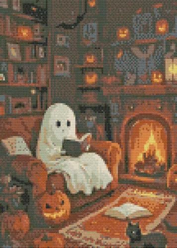 Eiazuiks Halloween Stamping Cross Stitch Kit, Ghost Halloween Counting Cross Stitch Kit for Adult Beginners, Full Line DIY Stitching Kit for Home Decor Cross Stitch Patterns 12x16 inches - color: Ghost