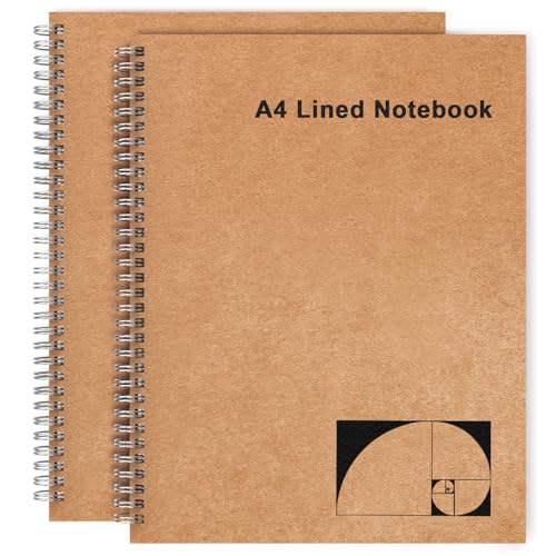 A4 Lined Spiral Notebook, 2 Pack Large Spiral Journal for Writing, 200 Pages 100gsm Thick Lined Paper Notebooks for Work, Class, Taking Notes, Drawing - Kraft Brown Cover, 8.5" x 11" - color: Lined