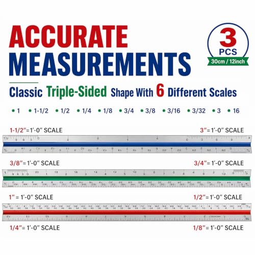 Nicunom 3 Pack Architectural Scale Ruler, 12" Triangular Architect Scale Aluminum Color-Coded Grooves Triangle Ruler for Architects, Students, Draftsman, and Engineers (Imperial)