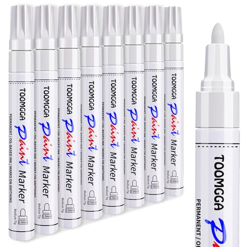 TOOMGGA 8 White Paint Pens Permanent Paint Markers, Oil Based Medium Tip | Marking Pens, Quick Drying, Waterproof, Fade-resistant, for Rock Painting, Car Tyre, Metal, Plastic, Canvas, Mugs, Wood - color: White