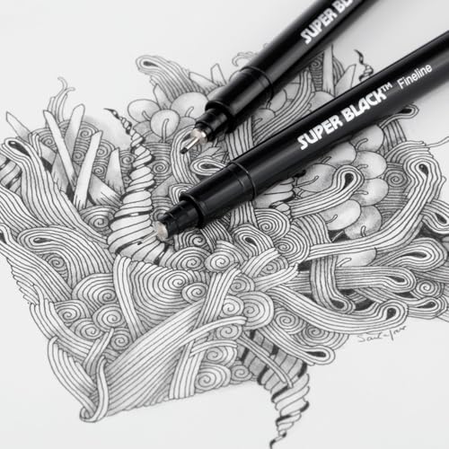 Creative Mark Ultimate Fine Line Drawing Pens Super Black, Permanent, Waterproof, & Acid-Free Assorted Tips and Large Brush Pen - [Fineliners and Sketch Set of 8]