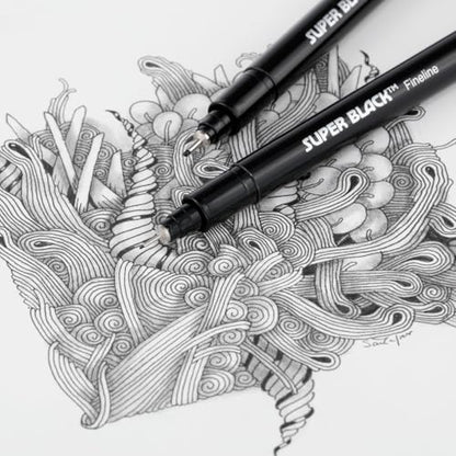 Creative Mark Ultimate Fine Line Drawing Pens Super Black, Permanent, Waterproof, & Acid-Free Assorted Tips and Large Brush Pen - [Fineliners and Sketch Set of 8]