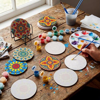 Reallnaive 8 Pcs Mandala Paint by Numbers Kit for Adults Wooden Coasters | Mini Floral Paint by Numbers, Tiny Flower Round Oil Painting Drink Coaster with Holder, for Small DIY Craft Birthday Gift - style: Mandala