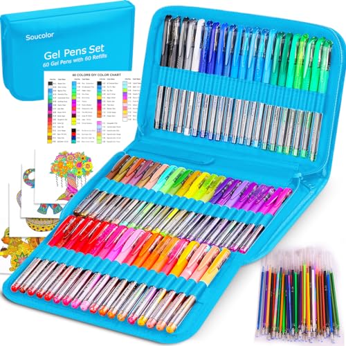 Soucolor 120 Gel Pens Set, Adult Coloring Book Refills, Art Drawing Markers - color: Blue