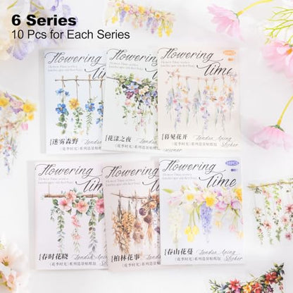 60 Pcs Floral PET Stickers for Scrapbook Journaling | Hanging Flowers and Botanical Vines for Junk Journals and Collage Crafts - color: Bloom Time