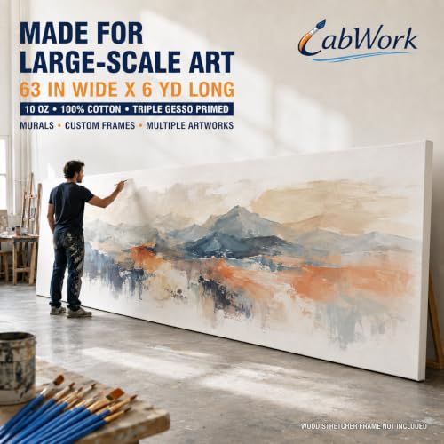 Large Cotton-Linen Blend Canvas Roll for Painting, 63 in x 6 yd | 12 oz Pre-Primed, Triple-Layer Acid-Free Gesso, Ready for Oil & Acrylic, Brush Set Included, For Murals & Oversized Art - size: 63 in × 6 yd