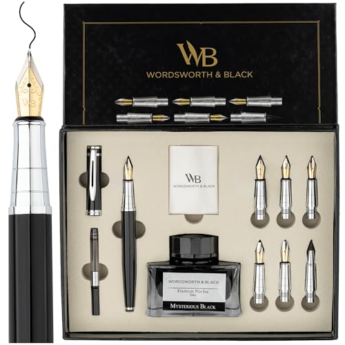 Wordsworth & Black Luxury Calligraphy Pen Set for Writing, 6 Nibs, Black | Fountain Ink Bottle, Cartridges & Refill Converter, Refillable, Black, High End Gift for Men & Women, Journaling & Lettering - color: Black Chrome
