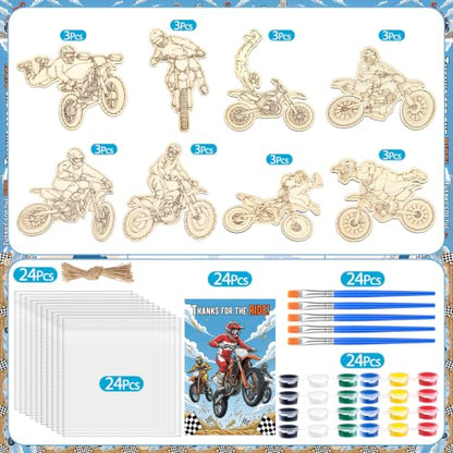 Saypacck 24 Pcs Dirt Bike Party Favors Wooden Paint Craft Kits | 12 Motocross Wood Pieces with Paint Palettes, Organza Bags Included, Ideal for Goodie Bag Fillers and Thank You Gifts - style: Dirt Bike
