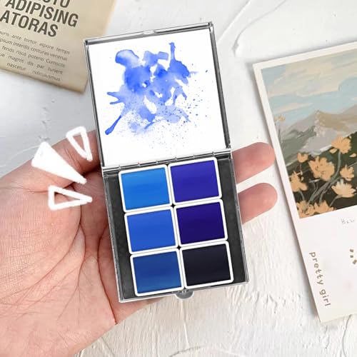 Mini Portable 6-Color Solid Watercolor Paint Set for Adults & Artists, High Tinting Strength Travel Art Kit for Beginners and Professionals, Half Pans (Each Capacity Approx 1.5ml).Blue Sea - color: Solid Watercolor-blue Sea