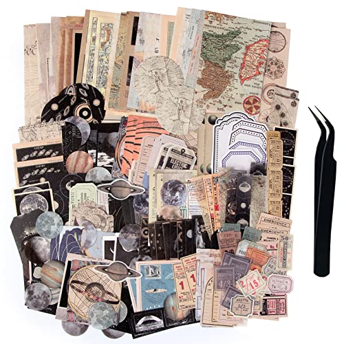 TIYPKE 200pcs Aesthetic Stickers - Vintage Scrapbook Stickers for Journaling, Bullet Journals, Scrapbooking, Space & Moon Themes