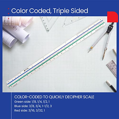 Better Office Products Triangular Ruler, 12 Inch Metal, Triple Sided Color Coded, Imperial Scale, Drafting & Architect Ruler (1 Pack)