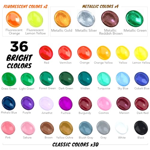 Halobios Acrylic Paint Set 36 Colors, Premium Acrylic Paints for Students & Adults, With Fluorescent Colors & Metallic Colors for Painting, Drawing & Art Supplies, DIY Arts and Crafts - size: 2 Fl Oz (Pack of 36)