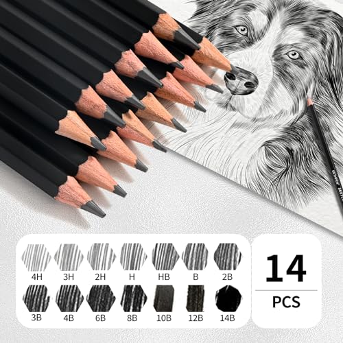 GETHPEN Drawing Sketching Pencil Set, 14 Pieces Graphite Pencils(14B - 4H) | 14Pcs Graphite Drawing Pencil Set, 14B to 4H Hardness, Sketch Shading Supplies for Beginners and Professional Artists