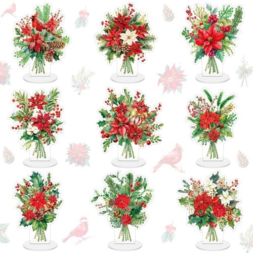 Kosiz 9 Pcs Christmas Poinsettia Flower Diamond Painting Tabletop Decorations Christmas Diamond Art Kits for Adults Double Sided Acrylic Table Centerpieces for DIY Crafts Home Party Decor Xmas Gifts - style: Christmas Flower