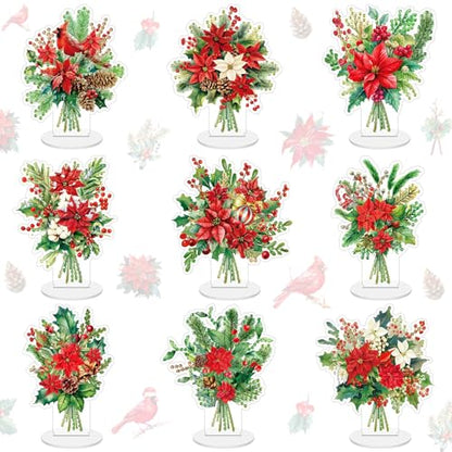 Kosiz 9 Pcs Christmas Poinsettia Flower Diamond Painting Tabletop Decorations Christmas Diamond Art Kits for Adults Double Sided Acrylic Table Centerpieces for DIY Crafts Home Party Decor Xmas Gifts - style: Christmas Flower
