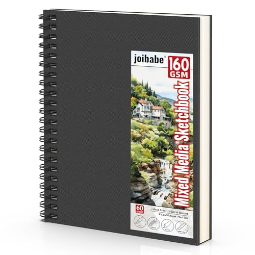 joibabe Spiral Bound Mixed Media Sketchbook, 160 GSM Heavyweight Acid Free Paper, 60 Sheets, 9x12 Inch Art Notebook for Drawing, Watercolor, Acrylic, Sketching, 2 Pack - size: 9" x 12"