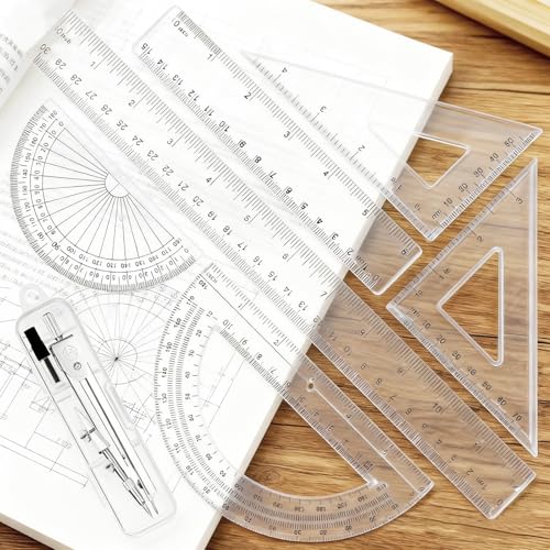 7Pcs Geometry Set-Clear Plastic Rulers,Triangle Ruler,Protractor,Compass | 12Inch & 6Inch Ruler Set for School Office Math Drawing Drafting Engineering Architecture Art