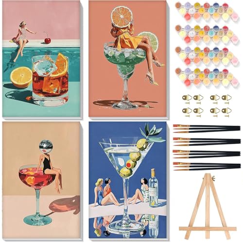 4 Pcs Cocktail Paint by Numbers for Adults with Frame Canvas - Wooden Easel - color: BKH2389+BKH2390+BKH2391+BKH2392