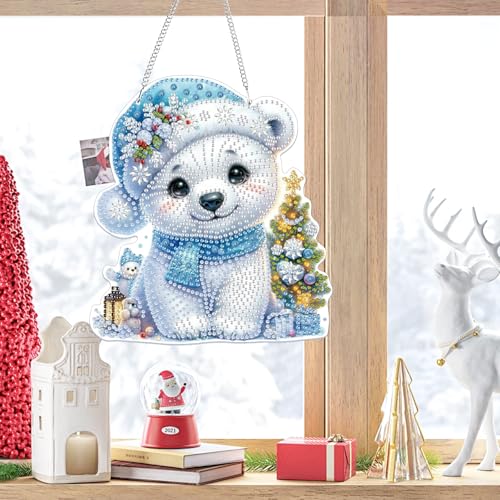 Bowetile Christmas Diamond Art Hanging Kits for Adults, 5D Special Shape Diamond Painting Kits Polar Bear, Crystal Gem Painting Arts and Crafts for Christmas Gifts for Home Garden Decor - color: Polar Bear