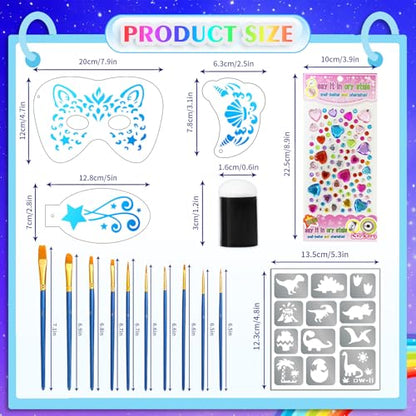 58 PCS Face Paint Stencils for Kids and Adults, 36 Reusable Facial Painting Templates, 6 Sticky Tattoo Stencils, 10 Makeup Brushes, 2 Adhesive Gem Stickers, 4 Finger Sponges for Party Makeup - color: blue