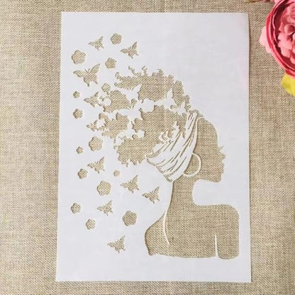 TIAMECH A4 Reusable Butterflies Hairstyle Girl Stencil for Painting | Fashion Earring Lady Layering Template, DIY Wall Art, Wood Furniture, Scrapbook & Crafts (8.3x11.7inch) - style: Butterflies Hairstyle Girl