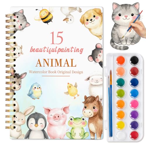 Watercolor Workbook for Beginners, Easy-to-Paint Water Coloring Book with 15 Beautiful Paintings, Includes 16 Colors, Relaxing Art Activity and Creative Gift for Adults & Teens (Animals) - color: Animals, size: with palette