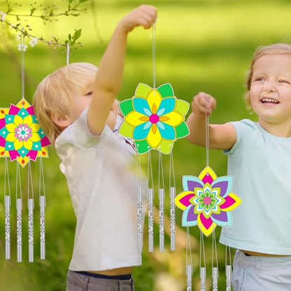 Silipull 24 Sets Lotus Mandala Wood Wind Chime Kit for Kids | Unfinished Wooden Chimes with Paints, Color Your Own Designs, School Projects, Party Crafts, Home Hanging Ornaments - style: Lotus