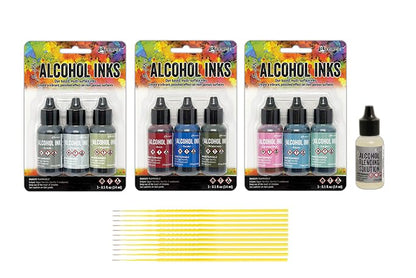 Tim Holtz Ranger Alcohol Inks Released 2024, Gravel, Flannel, Chronicle, Brick, Yonder, Wilderness, Cosmopolitan, Bayou, Juniper and 0.5 fl oz Bottle of Blending Solution with Trebbies Detail Sticks