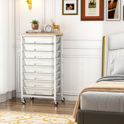 caktraie 8-Drawers Rolling Cart, Craft Storage Utility Cart, Beige White