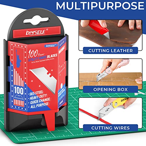 DIYSELF Utility Knife Blades 100 Pack, Box Cutter Blades Refills with Dispenser, Razor Blades Utility Knife Replacement Blade for Box Cutter, Razor Knife Blade | SK5 Steel Utility Knife Blades, Razor Knife Replacement Blade for Box Cutter - size: 100-Pack