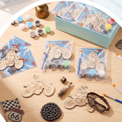 Saypacck 24 Pcs Dirt Bike Party Favors Wooden Paint Craft Kits | 12 Motocross Wood Pieces with Paint Palettes, Organza Bags Included, Ideal for Goodie Bag Fillers and Thank You Gifts - style: Dirt Bike
