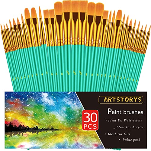 Artstorys Paint Brushes Set, 30 Pcs Acrylic Oil Watercolor Painting Brushes - color: Green,nickel