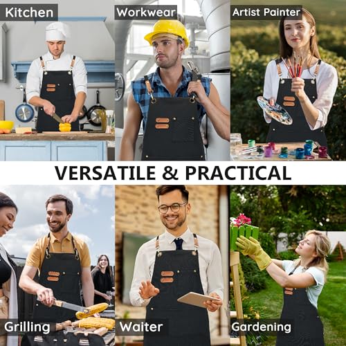 Chef Canvas Aprons with 3 Large Pockets Adjustable Strap for Men Women - color: Black