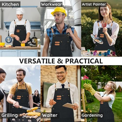 Chef Canvas Aprons with 3 Large Pockets Adjustable Strap for Men Women - color: Black