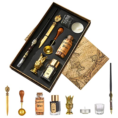 Joyeee Gold Calligraphy Pen Set with Ink, Wooden Calligraphy Fountain Pen, 1 Bottle Sealing Wax Beads, Tea Candle, Glass Cup, Gold Letter Opener, Holder and Wax Seal Spoon, Teacher Gift Box for Women - color: #73 gold
