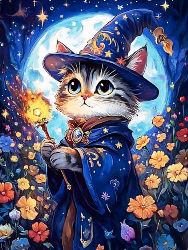Yunnuo Cat Diamond Art Kits for Adults Beginners,Magic Cat Diamond Painting Kits,5D DIY Flower Full Drill Gem Art Painting,Perfect Choice for Gifts and Wall Decoration-12x16 inch - color: D008-magic cat 30x40cm