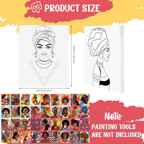 Harloon 36 Pcs 8 x 10 Inch Pre Drawn Canvas for Painting Afro Queen Pre Stretched Canvas Painting for Adults Outline for Sip and Paint Party Supplies Favor - style: Afro Queen