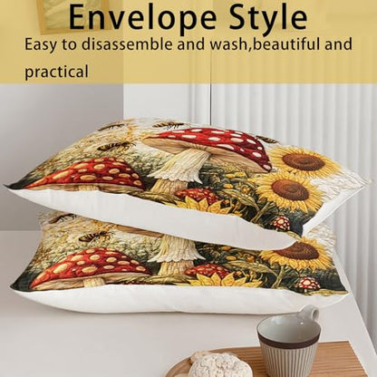 AILONEN Mushroom & Sunflower Duvet Cover Set Twin Size,Cartoon Flower Bee Quilt Cover with 2 Pillowcases, Soft Breathable 3Pcs - color: Mushroom110, size: Twin