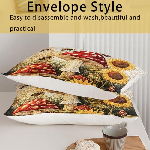 AILONEN Mushroom & Sunflower Duvet Cover Set King Size,Cartoon Flower Bee Quilt Cover with 2 Pillowcases, Soft Breathable 3Pcs - color: Mushroom110, size: King