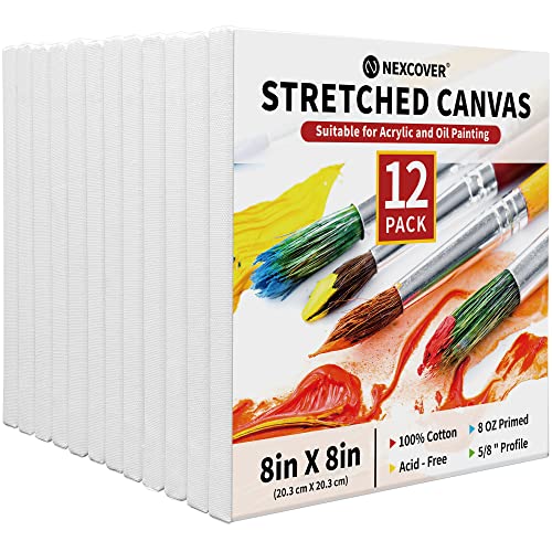 NEXCOVER Stretched Canvas - 12 Pack 8x8 Inch, 5/8" Profile Thick Pinewood Frame, Blank White Painting Canvas for Acrylic Oil Tempera Gouache Paint, for Beginners Kids Students Artists DIY Craft/Decor - size: 8"x8"-12Pack
