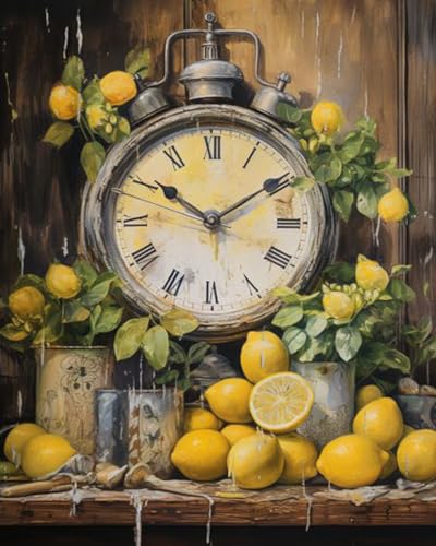 Farmhouse Kitchen Clock with Lemons Oil Painting Paint by Number Kits 16 x 20 inch Canvas Rustic Painting DIY Painting for Kids Students Adults Beginner with Brushes Acrylic Pigment(without Frame) - color: Garden 03, size: 16''x20''(Frameless)