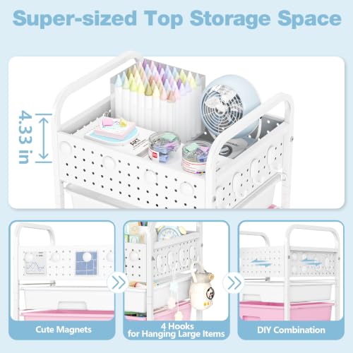 5 Drawer Rolling Storage Cart with Pegboard Top and Hooks, Pink&Blue - color: Pink&Blue, size: 5-Drawers