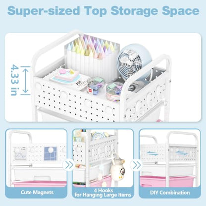 5 Drawer Rolling Storage Cart with Pegboard Top and Hooks, Pink&Blue - color: Pink&Blue, size: 5-Drawers