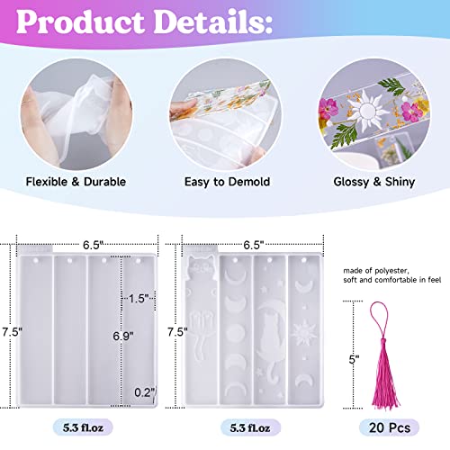 LET'S RESIN Bookmark Resin Molds Silicone 1.5'' Wide, Blank and Cat Moon Pattern Silicone Bookmarks Molds Kit with 20pcs Tassels, Rectangle Bookmark Molds for Epoxy Resin Casting Crafts - size: 2 style