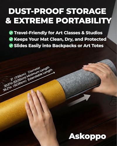 Premium Calligraphy Felt Mat (19.7" x 27.5") with Stitched Edges, Zero-Crease Roll Up Desk Pad & Blotter with Telescopic Matte Gold Tube, Ink Absorption for Sumi-e & Watercolor, Grey